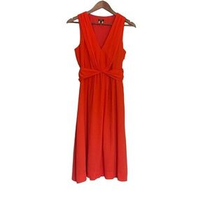 J.Crew Women Orange Red Cotton Linen V-Neck Twisted Waist Midi Dress Size 6